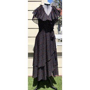 Vtg 70s Wrap Polka Dot Ruffle Dress Disco Retro Cottagecore Boho Semi Sheer
